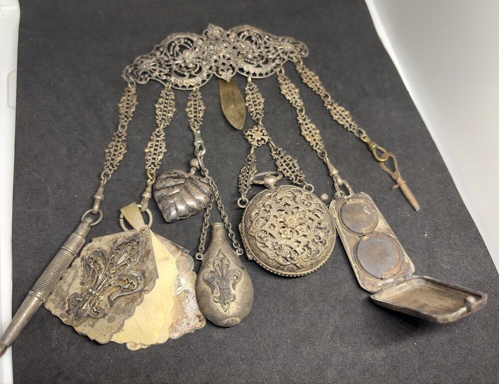 Rare Victorian Chatelaine 19C 7 Piece Scent Bottle Watch Powder Compact Notebook